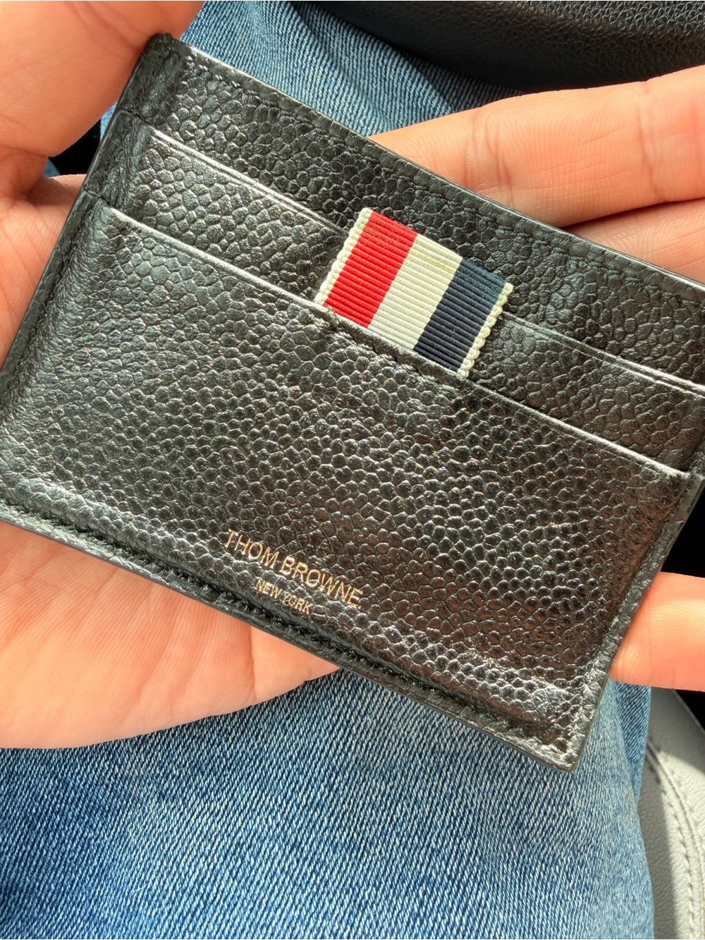 Thom Browne Black Pebbled Leather Card Holder with Red-White-Blue Tricolor Tab
